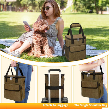 Dog Travel Bag for Camping - Pet Travel Accessories with 2 Collapsible Bowls, 2 Food Containers & Waterproof Feeding Mat - Portable Dog Carrier, Coffee (Small) - Pawvie