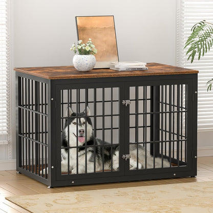 48 Inch Rustic Heavy Duty Dog Crate Furniture for Extra Large Dogs, Decorative Pet House End Table, Wooden Cage Kennel Furniture Indoor, Black and Brown