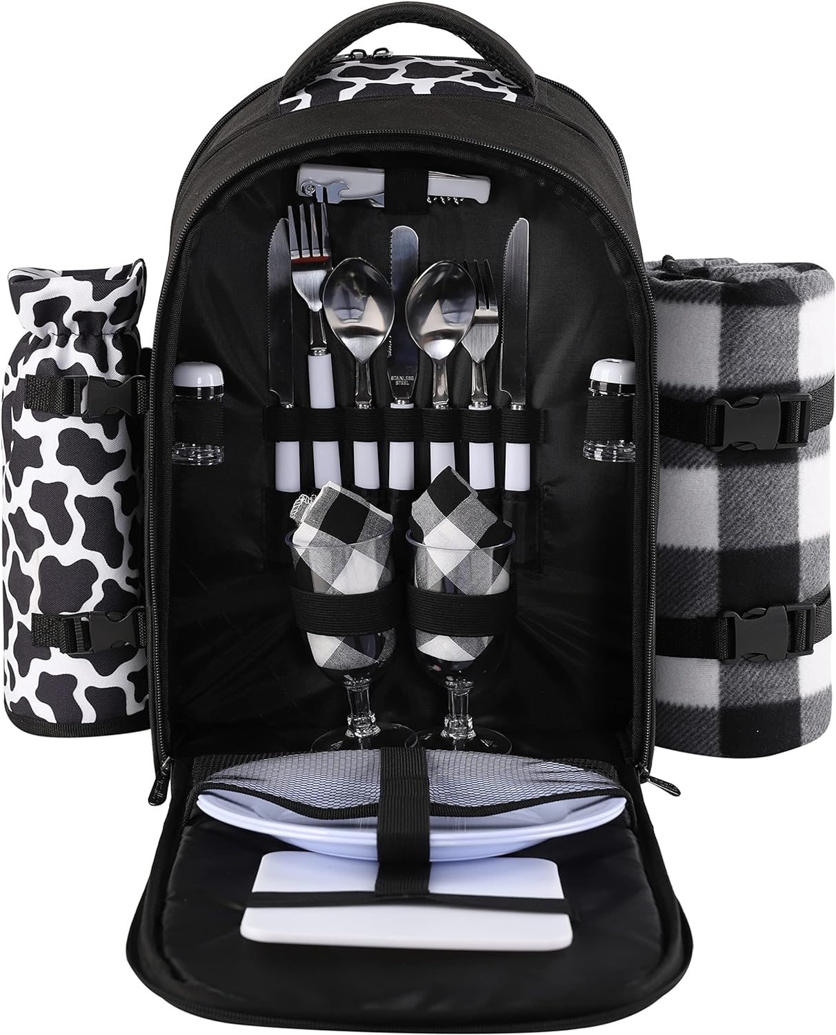 apollo walker Picnic Backpack Bag for 2 Person with Cooler Compartment, Detachable Bottle/Wine Holder, Fleece Blanket, Plates and Cutlery Set (2 Person, Black)