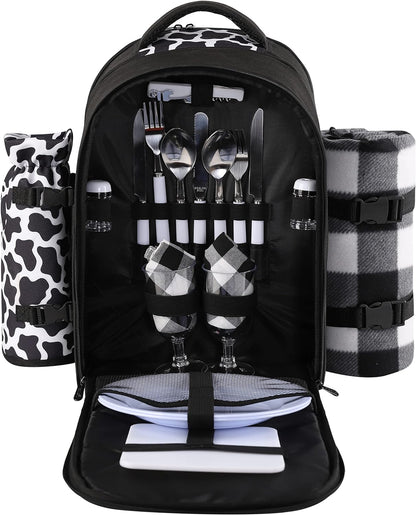 apollo walker Picnic Backpack Bag for 2 Person with Cooler Compartment, Detachable Bottle/Wine Holder, Fleece Blanket, Plates and Cutlery Set (2 Person, Black)