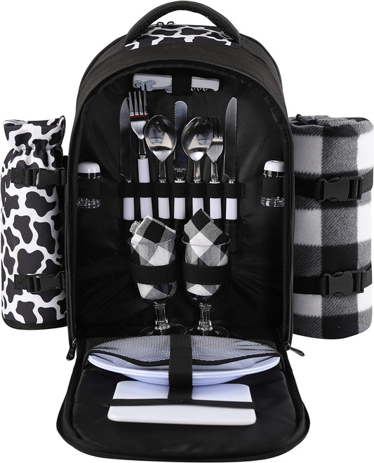 apollo walker Picnic Backpack Bag for 2 Person with Cooler Compartment, Detachable Bottle/Wine Holder, Fleece Blanket, Plates and Cutlery Set (2 Person, Black)