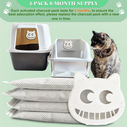 Unscented Cat Litter Box Deodorizer Kit Stick-On Activated Carbon Odor Eliminators Compatible with most manual and automatic litter boxes (4 Refills+ 1 Box) (White, Unscented)