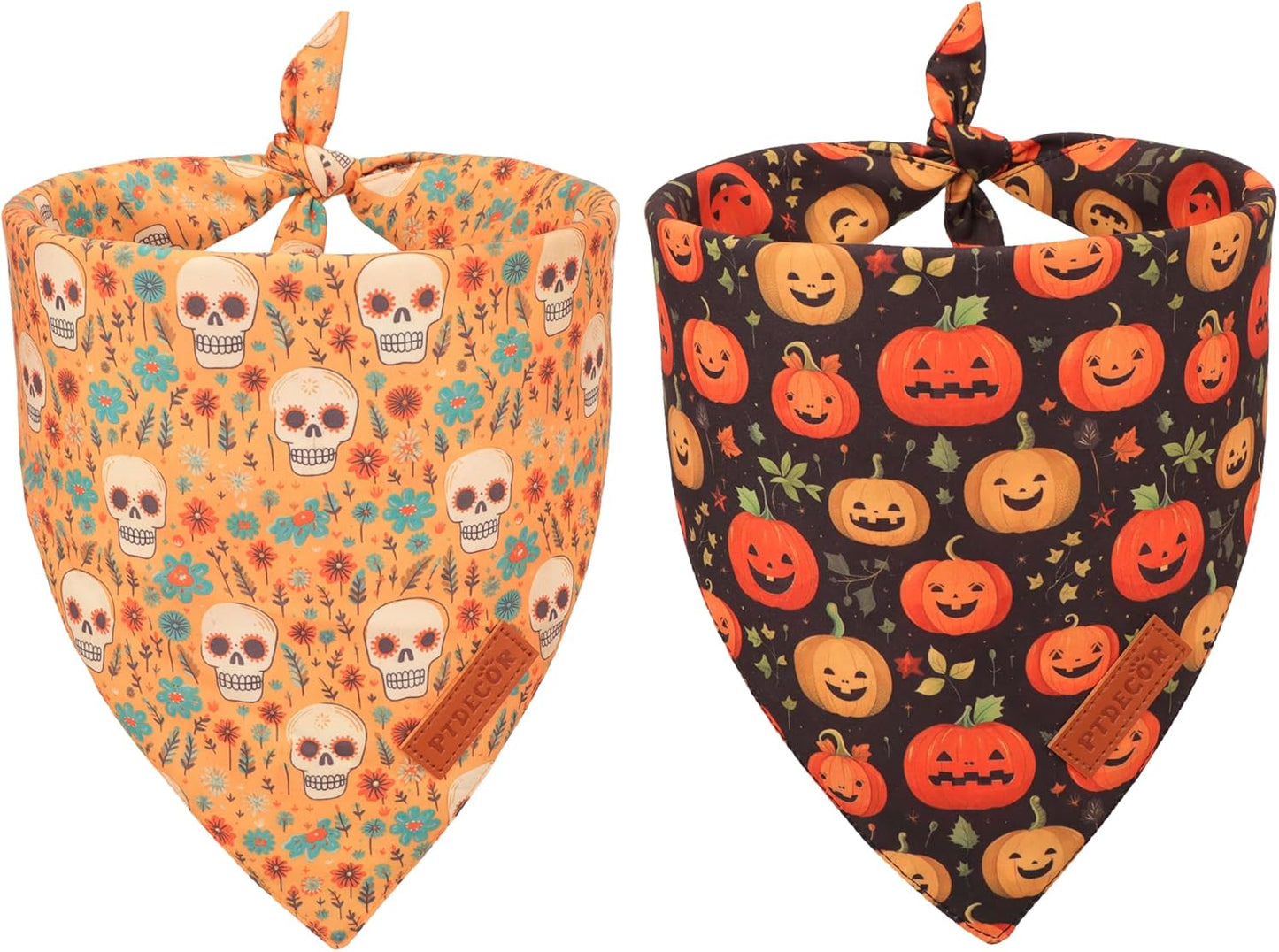 PTDECOR Halloween Dog Bandana, Skeleton Pumpkin Reversible Holiday Dog Scarf, Triangle Halloween Bandanas for Small Dogs Puppies Cats(Small)