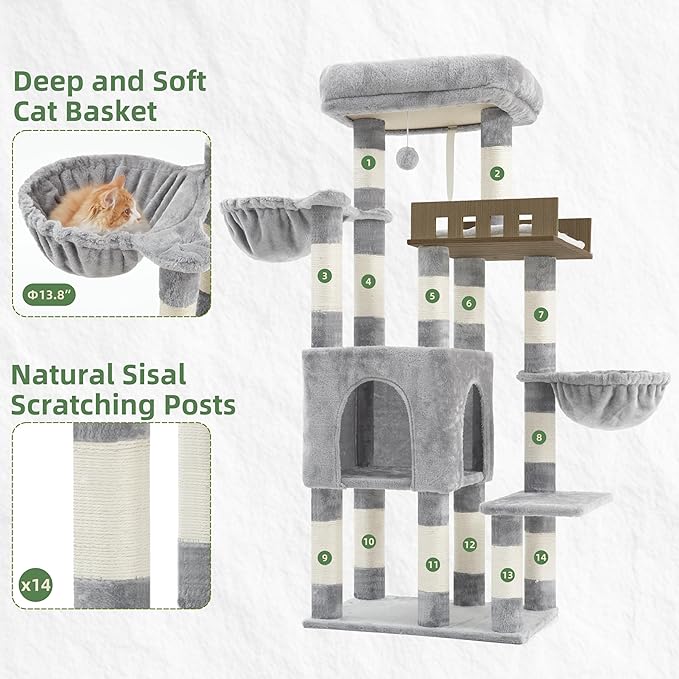 Cat Tree for Indoor Cats Large Adult, Heavy Duty Cat Tree for Large Cats 20 lbs+, Cat Condo with Big Wooden Perch, Cat Tower with 14 Scratching Posts, Hammock, Light Gray GCT023W