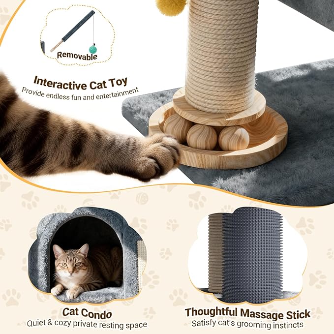 PetDance 37in All-in-1 Small Cat Tree for Indoor Cats | Space-Saving Cat Tower with Cozy Condo, Cat Window Perch, Sisal Scratching Posts, Interactive Ball Track Toy & Self-Grooming Brush,Light Gray