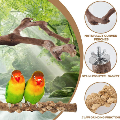 6-Piece Bird Perch Set - Natural Wood Grape Sticks, Paw Grinding Forks, Bird Stand & Toys for Parakeets, Cockatiels, Conure, Budgies