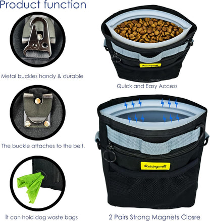 Dog Treat Pouch with Magnetic Closure 4-Cup Silicone Bag Fanny Pack Holder with Clicker 4 Ways to Wear Front Pocket Fits All Phones Ideal for Leash, Pet Walking and Training（Black）