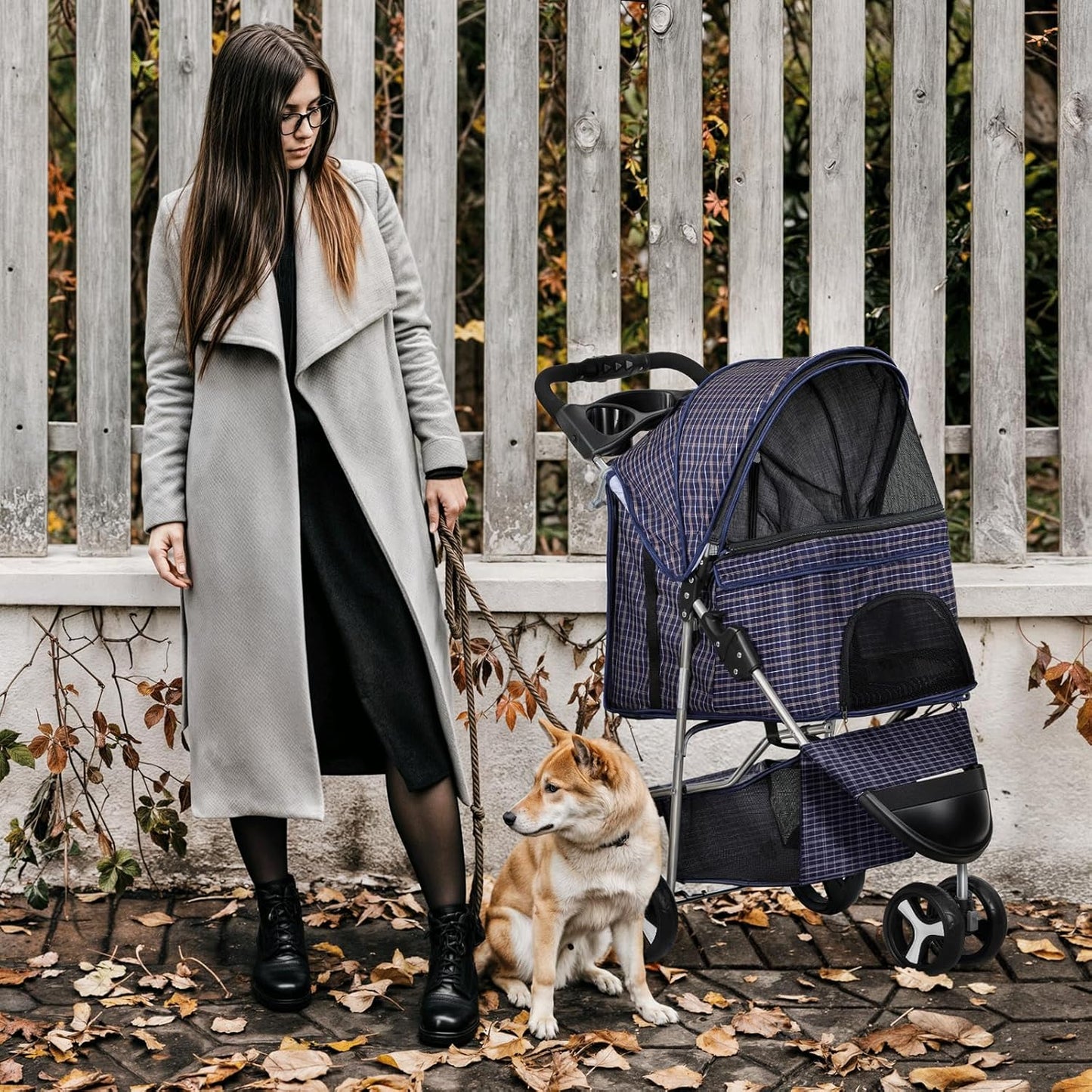 MoNiBloom 3 Wheels Pet Dog Cat Stroller for Small Medium Dogs Cats, Lightweight Foldable Jogger Stroller w/Storage Basket and Cup Holder, Plaid - Pawvie