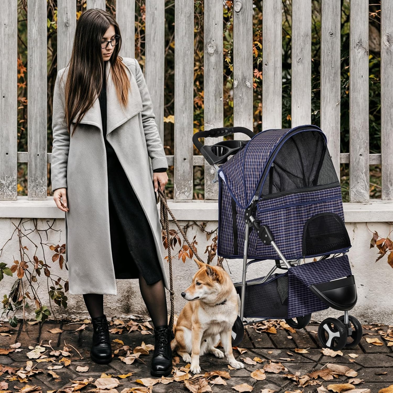 MoNiBloom 3 Wheels Pet Dog Cat Stroller for Small Medium Dogs Cats, Lightweight Foldable Jogger Stroller w/Storage Basket and Cup Holder, Plaid - Pawvie