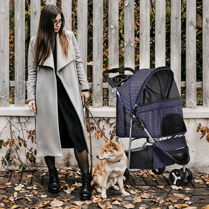 MoNiBloom 3 Wheels Pet Dog Cat Stroller for Small Medium Dogs Cats, Lightweight Foldable Jogger Stroller w/Storage Basket and Cup Holder, Plaid - Pawvie