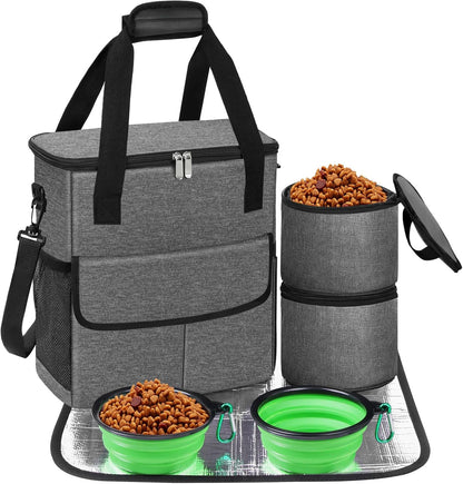 Dog Travel Bag for Camping - Weekend Pet Accessories With 2 Collapsible Bowls, 2 Food Containers, 1 Waterproof Feeding Mat - M, Grey - Pawvie