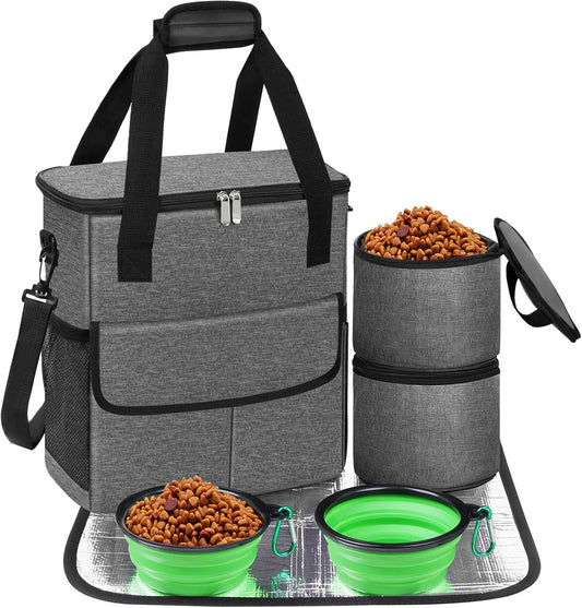 Dog Travel Bag for Camping - Weekend Pet Accessories With 2 Collapsible Bowls, 2 Food Containers, 1 Waterproof Feeding Mat - M, Grey - Pawvie