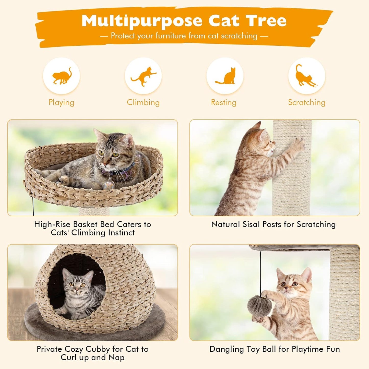 Tangkula Modern Cat Tree, Small Cat Tower with Natural Sisal Scratching Post, Hand-Made Wicker Cat Condo & Top Perch, Funny Hanging Toy Ball, Cute Cat Tree Tower for Indoor Cats