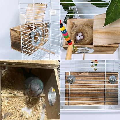 kathson Parrots Nesting Box Parakeet Nest House for Cage Budgie Breeding Hut with Coconut Fiber Bedding Wooden Bird Mating Box for Lovebirds and Small Parrot Birds
