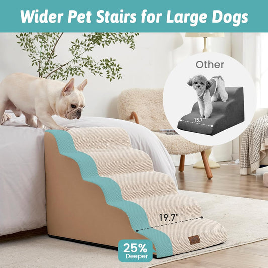 Extra Wide Dog Stairs 19.7" Width, Pet Step for Small Medium/Large Dog, Puppy or Cat, Pet Ramp for High Bed or Car, High Density Foam Ladder, Stable, 5 Step, 19.7x33x22.4 in, Beige