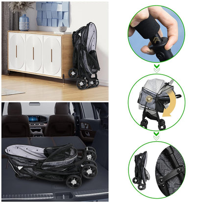 Lightweight Pet Stroller for Small/Medium Dogs and Cats - Foldable Travel Carriage with Storage Basket, Breathable Mesh & 4 Wheels - Up to 33 lbs – Black - Pawvie