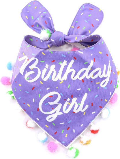 LunaMarie - Luxury Pet Birthday Bandanas -Premium & Silky Poly Fabric | 100% Handmade | Custom Shape Dual Layered (Birthday Girl Purple, Large)