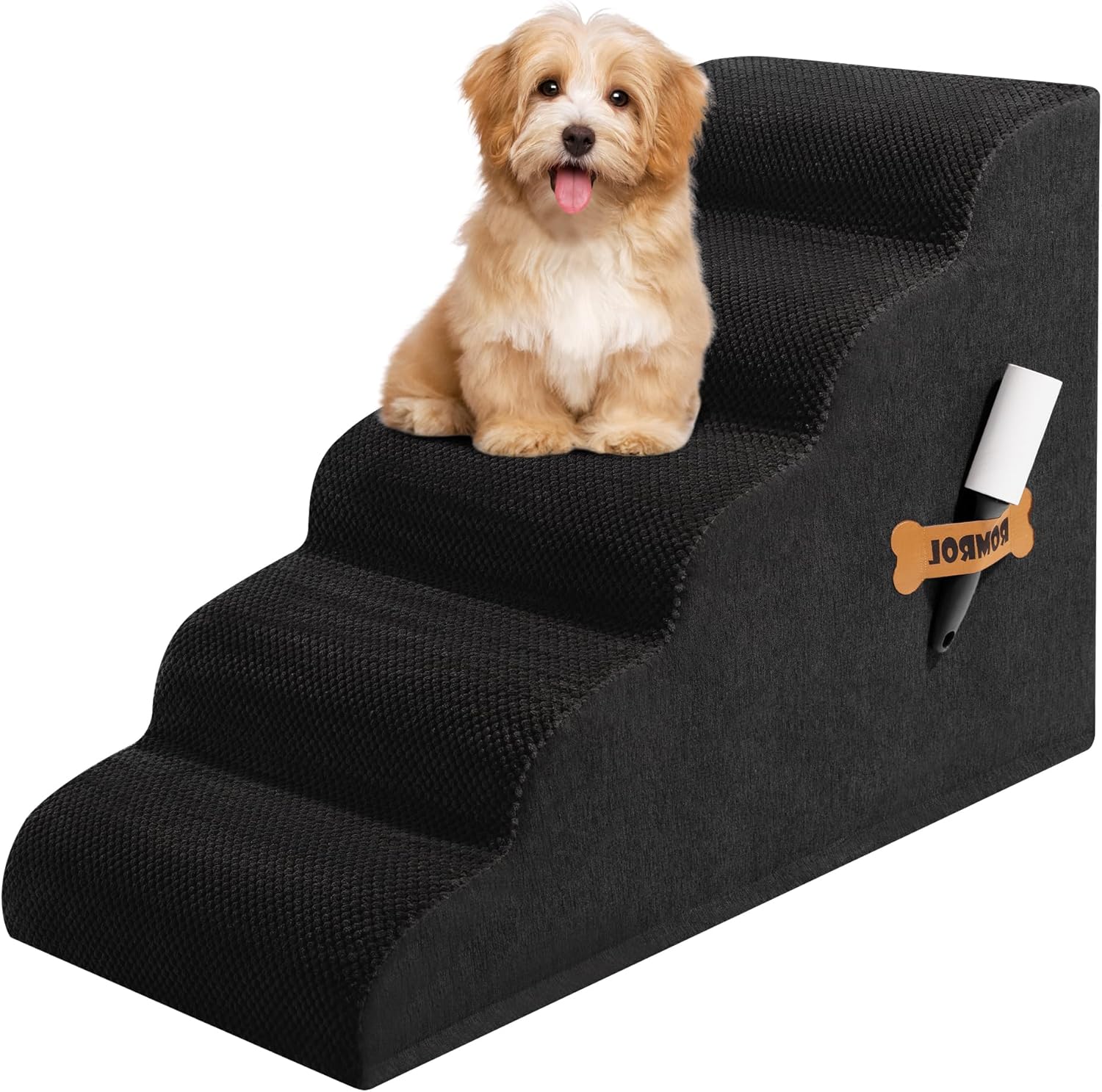 Dog Stairs, Romrol Dog Steps Ramp for High Bed and Couch, Dogs Ramp with Durable Non-Slip Waterproof Fabric Cover, Pet Stairs for Small Dogs and Cats or Pets Joints, 4-TiersBlack - Pawvie