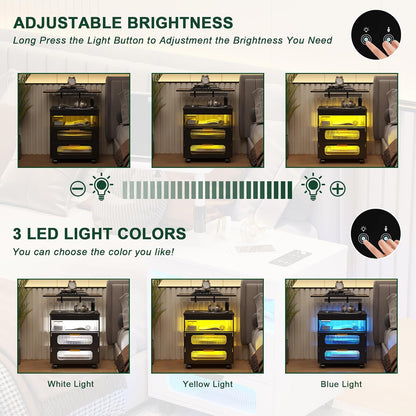 HNEBC Nightstand Set of 2, LED Nightstand with Wireless Charging Station/USB Ports,Smart Nightstand Has Adjustable Rotary Workstation with 2 Drawers,Modern Bedside Table for Bedroom Furniture(Black)