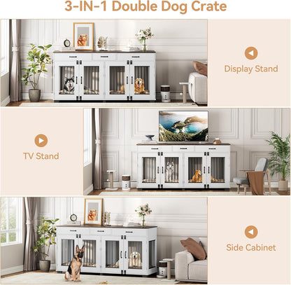 71'' Dog Crate Furniture, Wooden Indoor Dog Kennel for 2 Dogs with 3 Drawers and Removable Room Divider, XXL Double Dog Crate TV Stand End Table with Double Doors for Large Medium Dogs, White