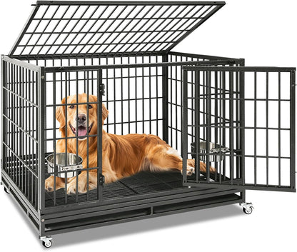 48 Inch Heavy Duty Dog Crate, Indestructible Escape Proof Big Cage for High Anxiety Large Dogs, Stackable & Collapsible XL Dog Kennel Indoor with Wheels,Dual Trays,Adjustable Bowl,Top Access