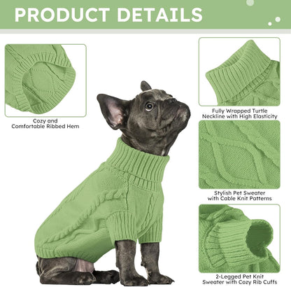 Queenmore Small Dog Pullover Sweater, Cold Weather Cable Knitwear, Classic Turtleneck Thick Warm Clothes for Chihuahua, Bulldog, Dachshund, Pug, Yorkie (Green, Large)