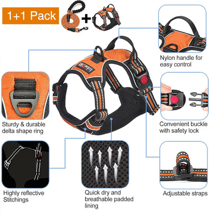 No Pull Dog Harness Adjustable Reflective Oxford Easy Control Medium Large Dog Harness with A Free Heavy Duty 5ft Dog Leash (XL (Chest: 31"-39"), Orange Harness+Leash)
