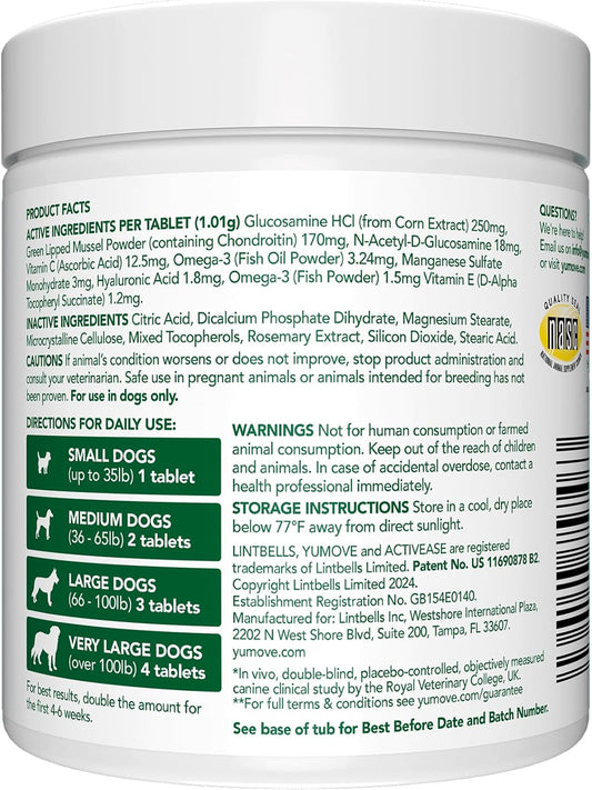 YuMOVE Hip & Joint Supplement for Senior Dogs with Max Strength Glucosamine Chondroitin, Omega 3, Hyaluronic Acid, Green Lipped Mussel, & Fish Oil for Dogs - 120 Chewable Tablets