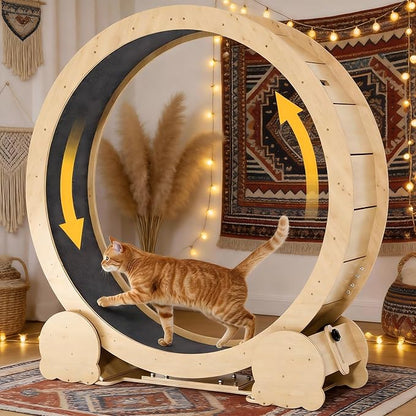 Cat Wheel for Indoor Cats, 46" Large Cat Exercise Wheel with Detachable Carpet, Silent Cat Treadmill with Safety Lock for Small & Adult Cats, Quiet for Nighttime Use, Natural Wood Color