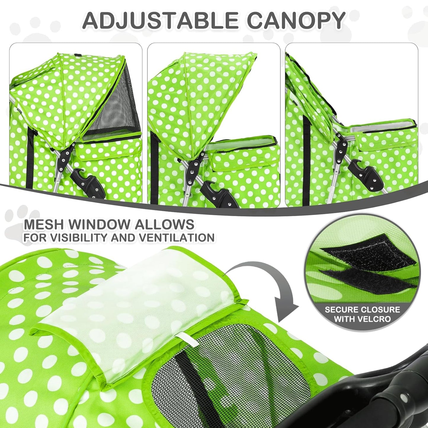 MoNiBloom 3 Wheels Pet Dog Cat Stroller for Small Medium Dogs Cats, Foldable Jogger Stroller w/Storage Basket and Cup Holder, Lawn Green Polka Dots - Pawvie