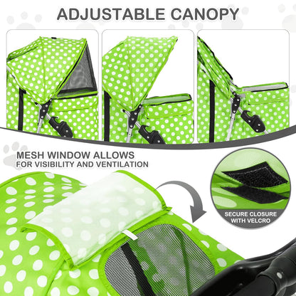 MoNiBloom 3 Wheels Pet Dog Cat Stroller for Small Medium Dogs Cats, Foldable Jogger Stroller w/Storage Basket and Cup Holder, Lawn Green Polka Dots - Pawvie