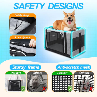 Petskd Extra Large Pet Carrier 24"x17"x17" for Large Cat or Medium Dog, Collapsible Soft Sided Dog cat Carrier for Long Trips with Lockable Safety Zippers(Grey)