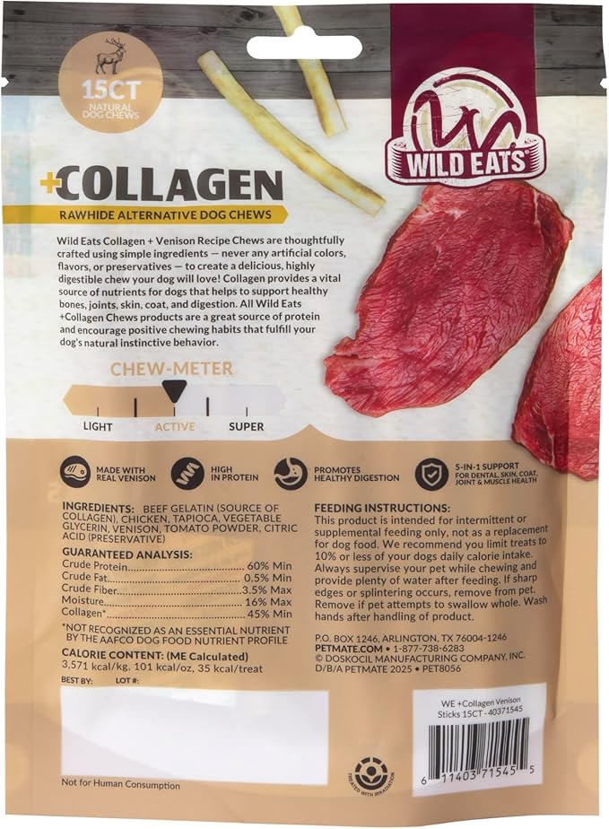 Wild Eats Venison Collagen Sticks for Dogs (15 Pack, 1 cm Wide) Long Lasting Dog Chews No Hide Dog Treat Bully Stick Alternative, Rawhide Free, Grain Free, High Protein
