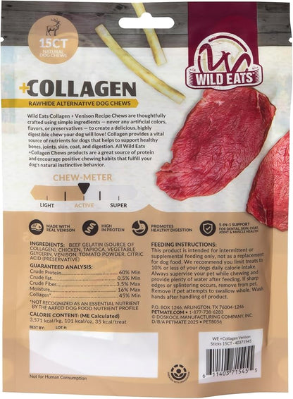 Wild Eats Venison Collagen Sticks for Dogs (15 Pack, 1 cm Wide) Long Lasting Dog Chews No Hide Dog Treat Bully Stick Alternative, Rawhide Free, Grain Free, High Protein