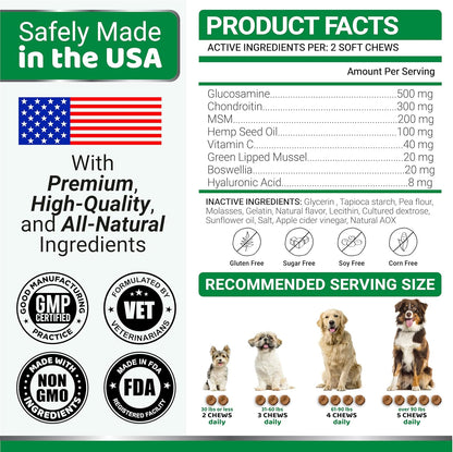 YUMA'S Hemp Hip and Joint Supplement for Dogs - Glucosamine for Dogs - 170 Joint Pain Relief Chews - Chondroitin, MSM - Hemp Oil - Advanced Canine Health Supplement - Mobility Support Treats