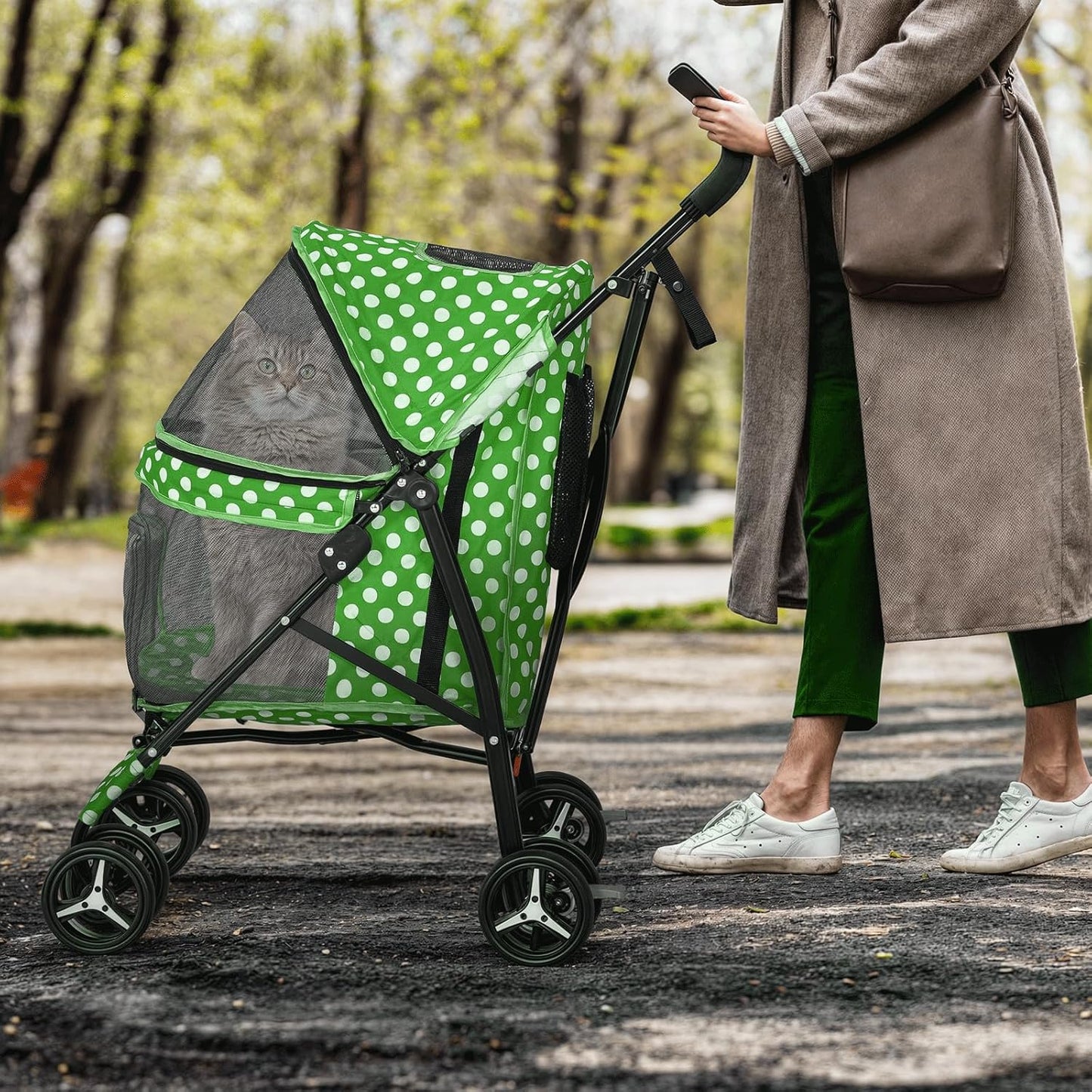 MoNiBloom 4 Wheels Pet Stroller, Easy-Fold Umbrella Shaped Dog Cat Jogger Stroller w/Storage Bag & Visible Mesh for Small/Medium Dogs Cats Lawn Green Polka Dots - Pawvie