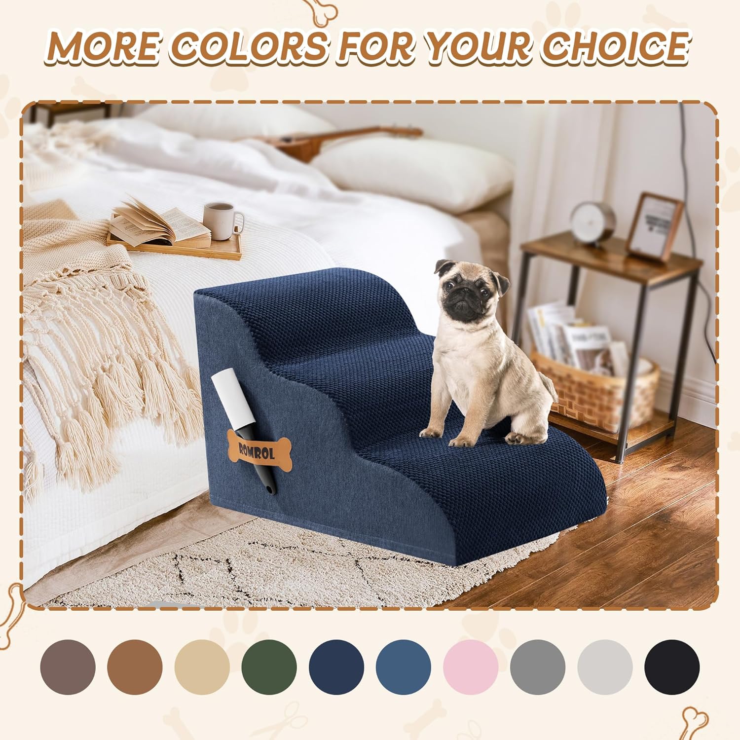 Romrol Dog Stairs Ramp for High Beds Couches, High Density Foam Pet Steps with Durable Non-Slip Waterproof Fabric Cover, Dog Stairs for Small Dogs or Cats or Pets, 3-Step,15 Inch,Navy - Pawvie