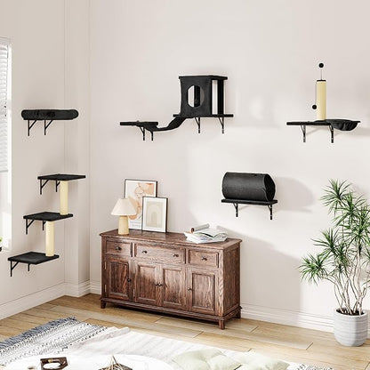NUNU LAB Wall Mounted Cat Wall Shelves, 14-in-1 Cat Wall Climber with Bridge, Tunnel, House, Scratcher, Steps, Indoor Space-Saving Furniture for Kittens Play, Black