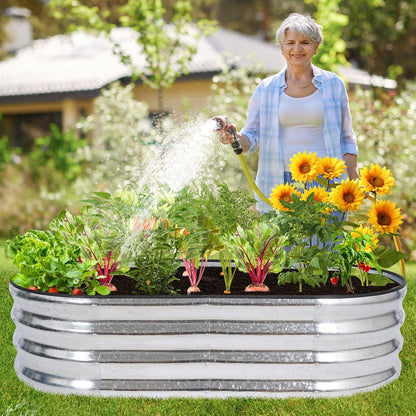 Galvanized Raised Garden Bed - 4×2×1ft (2 Packs) Planter Raised Beds for Gardening | Oval Metal Garden Planter Box with Safety Edging and Gloves for Vegetables Fruits and Flower - Silver