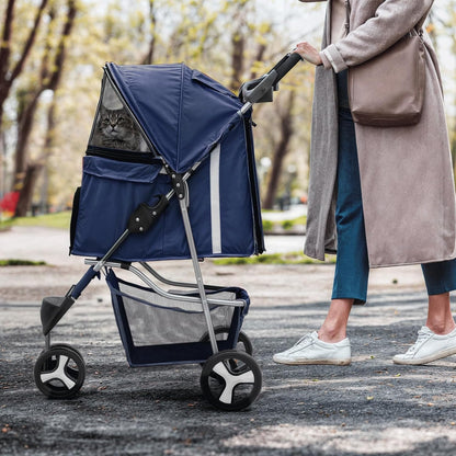 MoNiBloom 3 Wheels Pet Stroller, Foldable Dog Cat Cage Jogger Stroller with Weather Cover for All-Season, Storage Basket and Cup Holder, Breathable and Visible Mesh for Small/Medium Pets, Blue - Pawvie