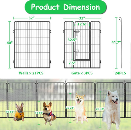 Dog Playpen, Outdoor Dog Fence, 24 Panels, 40" H Dog Pen for Medium/Small Dogs, Heavy Duty Metal Pet Fence with Gate, Portable Dog Fence for RV Camping and Yard (Black)
