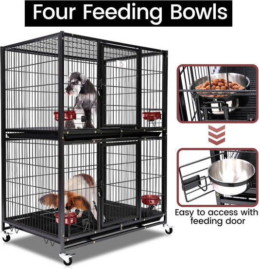 Homey Pet Two Tiers 37 Inch Dog Crate Cage Kennel with Feeding Door and Bowls, Lockable Wheels and Removable Tray, Escape Proof Metal Wire Heavy Duty Dog Crates for Medium/Small Sized Dogs (6 Pack)