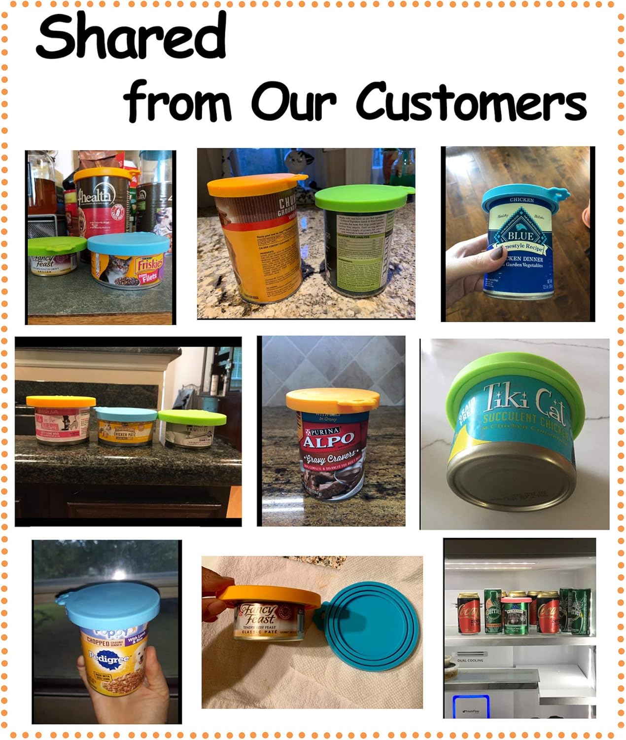 Comtim Pet Food Can Cover Silicone Can Lids for Dog and Cat Food(Universal Size,One fit 3 Standard Size Food Cans),Green and Orange