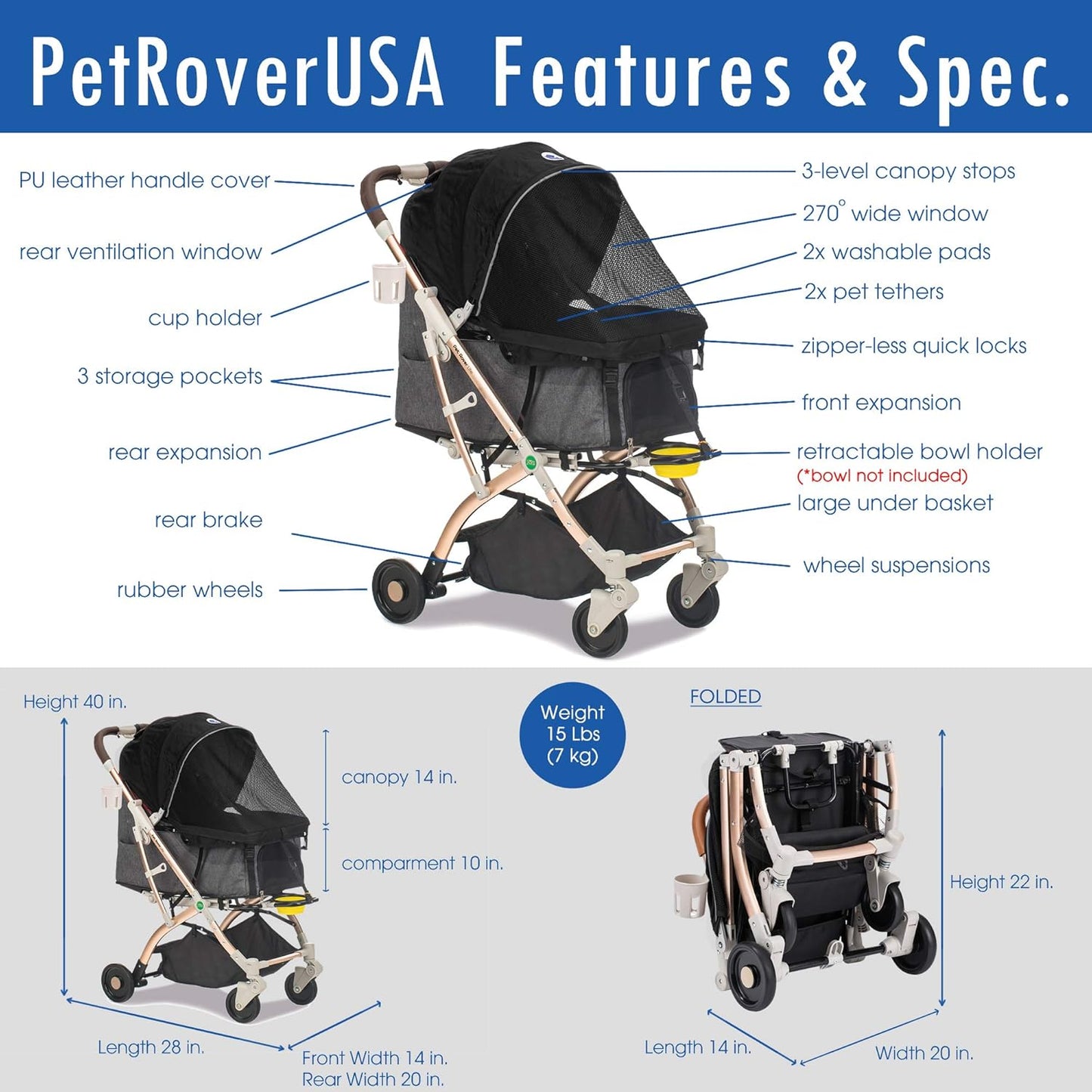 Lite Premium Light-Weight Dog/Cat/Pet Stroller Travel Carriage with Convertible Compartment/Zipper-Less Entry/1-Hand Quick Fold/Aluminum Frame for Small & Medium Pets (Black 2nd-Gen.) - Pawvie