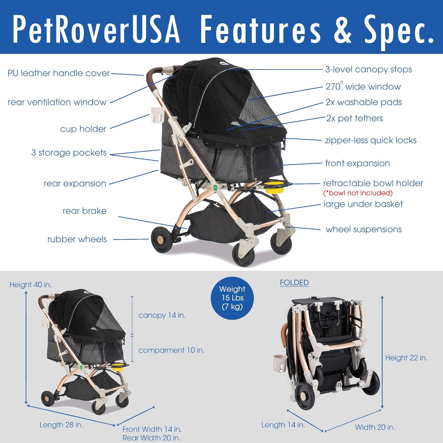 Lite Premium Light-Weight Dog/Cat/Pet Stroller Travel Carriage with Convertible Compartment/Zipper-Less Entry/1-Hand Quick Fold/Aluminum Frame for Small & Medium Pets (Black 2nd-Gen.) - Pawvie