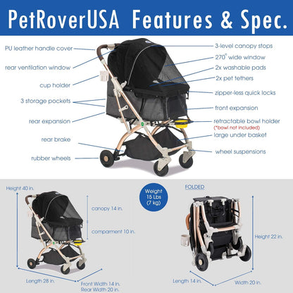 Lite Premium Light-Weight Dog/Cat/Pet Stroller Travel Carriage with Convertible Compartment/Zipper-Less Entry/1-Hand Quick Fold/Aluminum Frame for Small & Medium Pets (Black 2nd-Gen.) - Pawvie