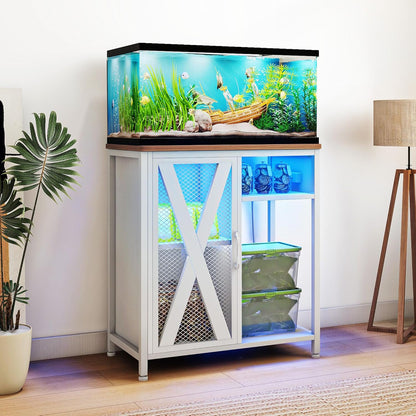 DWVO 20-29 Gallon Aquarium Stand with Power Outlets & LED Light, Cabinet for Fish Tank Accessories Storage - Metal Stand Suitable for Turtle Tank, Reptile Terrarium, 350LBS Capacity, White