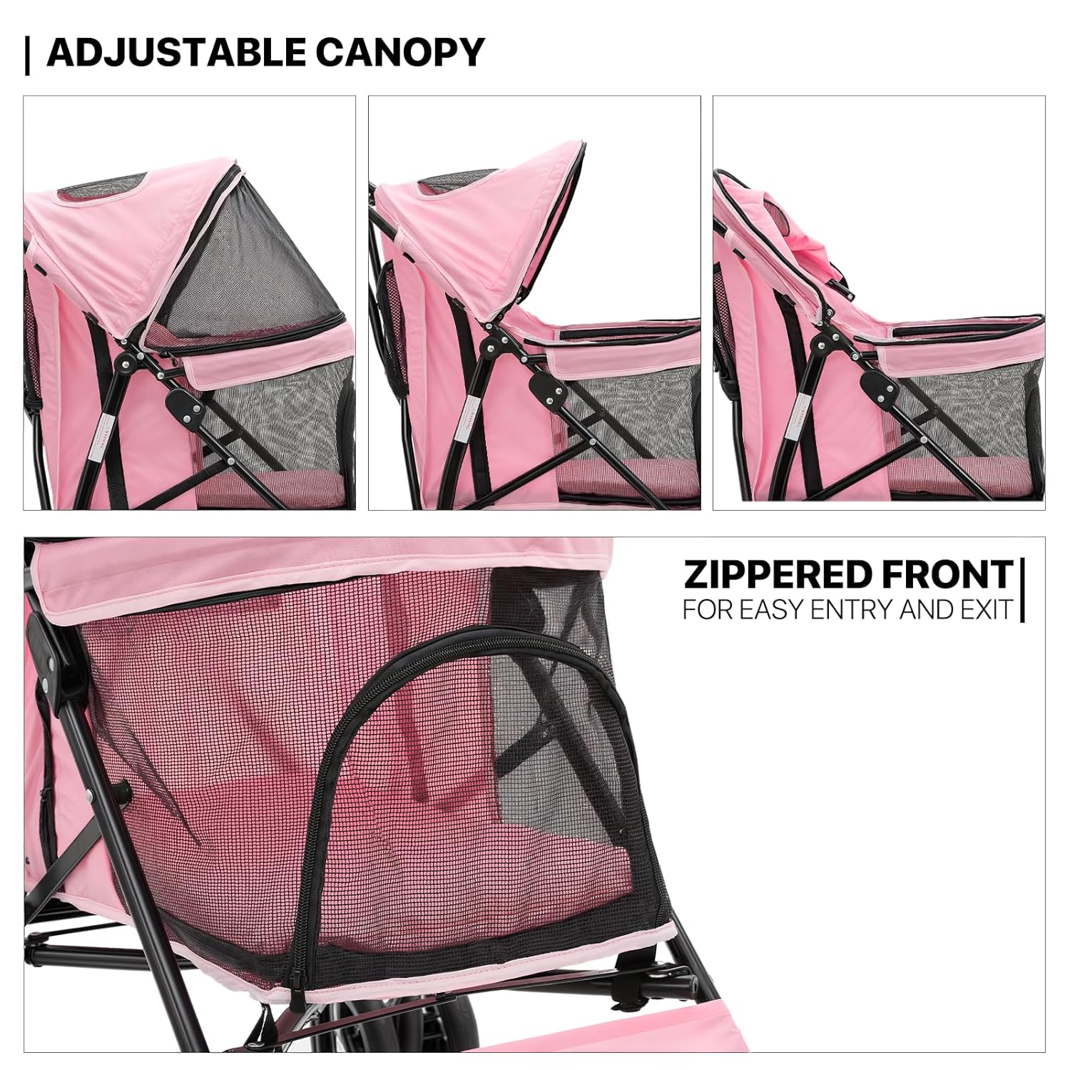 MoNiBloom 4 Wheels Pet Stroller, Easy-Fold Puppy Cage Jogger Stroller with Sun Cover, Pad and Rear Storage Bag, Breathable and Visible Mesh for Small/Medium Pets up to 22 lbs, Pink - Pawvie