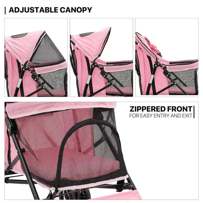 MoNiBloom 4 Wheels Pet Stroller, Easy-Fold Puppy Cage Jogger Stroller with Sun Cover, Pad and Rear Storage Bag, Breathable and Visible Mesh for Small/Medium Pets up to 22 lbs, Pink - Pawvie