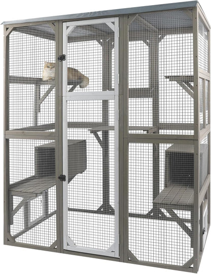 Catio Outdoor Cat Enclosure Large Window Cat House Walk in Kitty Cage with Multi-Level Platforms, Waterproof Roof for Mulitiple Cats (59" L x 29.5" W x 67.7" H)